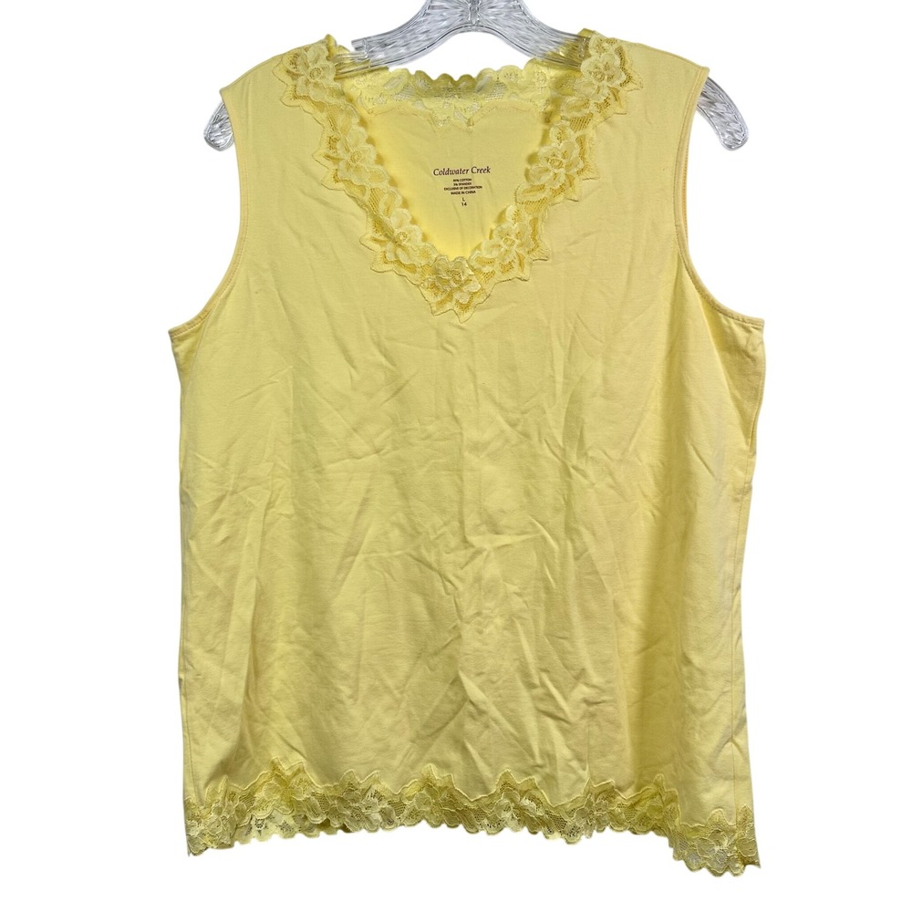 Coldwater Creek Yellow Lace Trim V-Neck Tank Top Sleeveless Cotton Blend Large